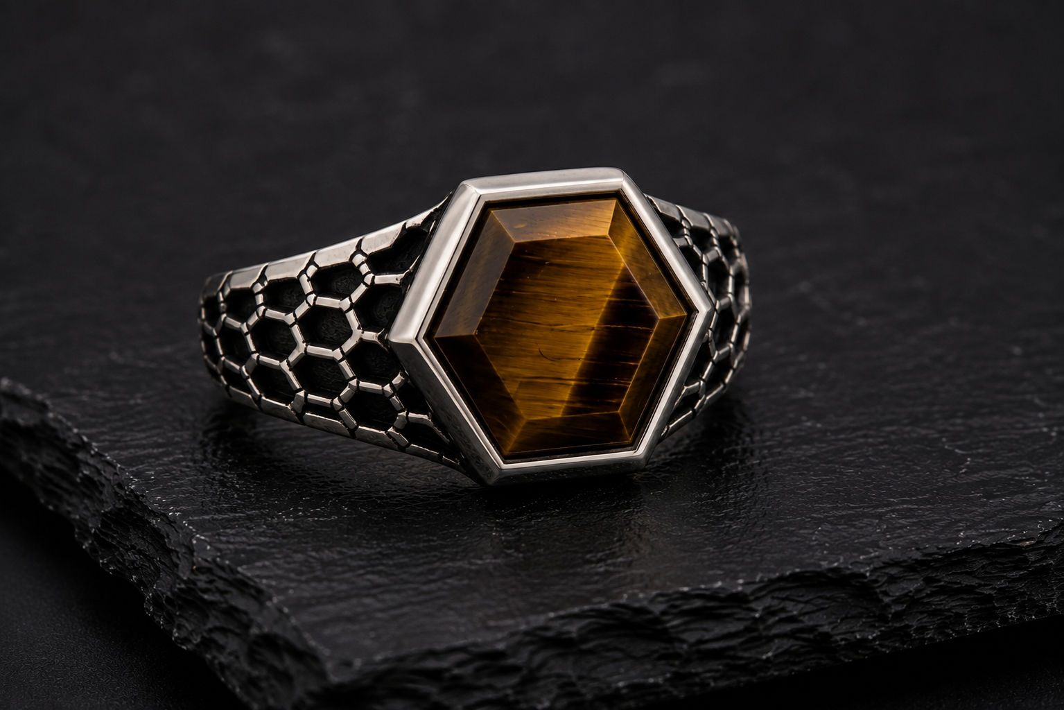 Hex Armor Ring | Natural Tiger Eye | 925 Sterling Silver