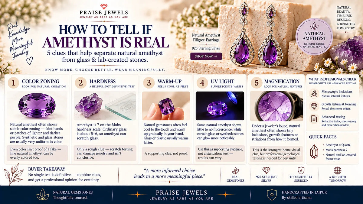 Editorial cover graphic for a guide with 5 tests to tell if amethyst is real