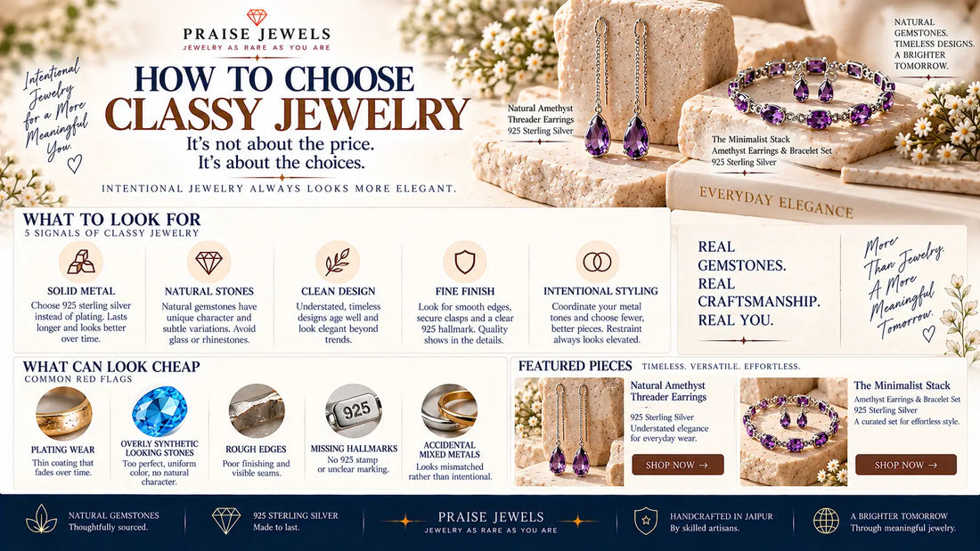 Editorial cover graphic for a buyer's guide on jewelry that looks classy, not cheap