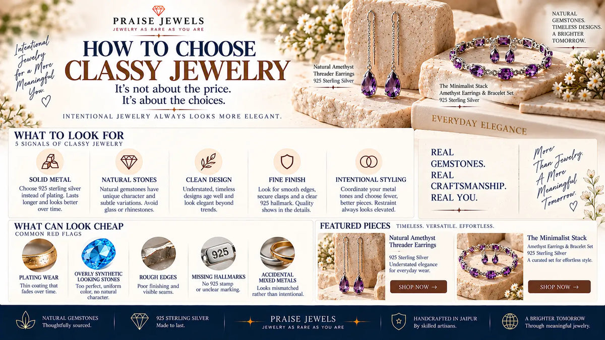Editorial cover graphic for a buyer's guide on jewelry that looks classy, not cheap
