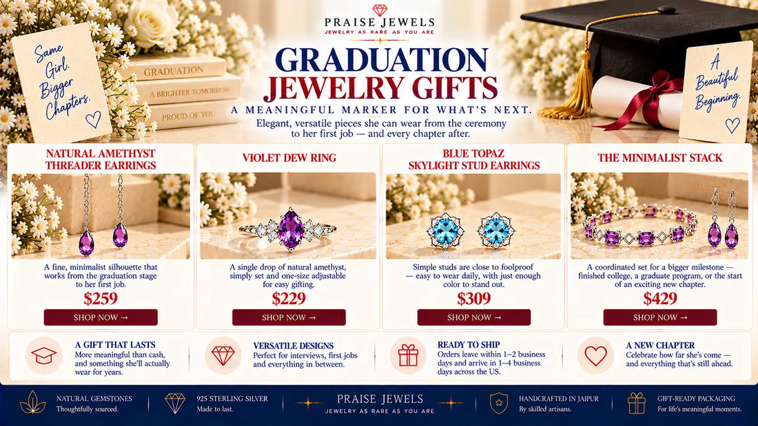 Editorial cover graphic for a guide to graduation jewelry gifts