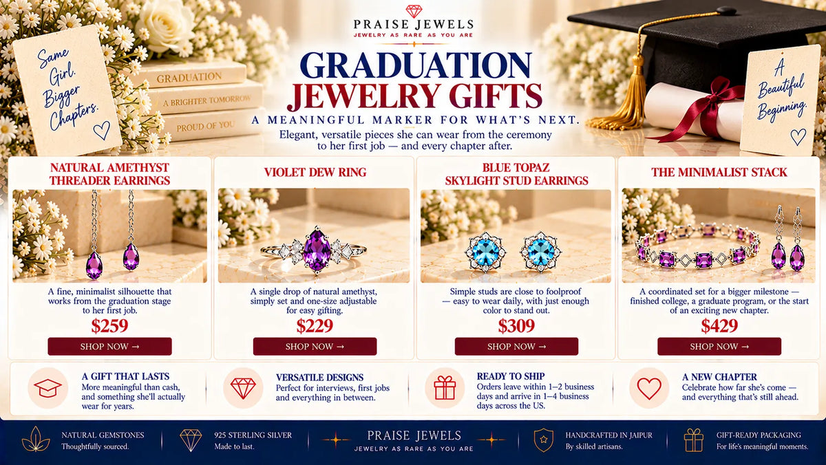 Editorial cover graphic for a guide to graduation jewelry gifts