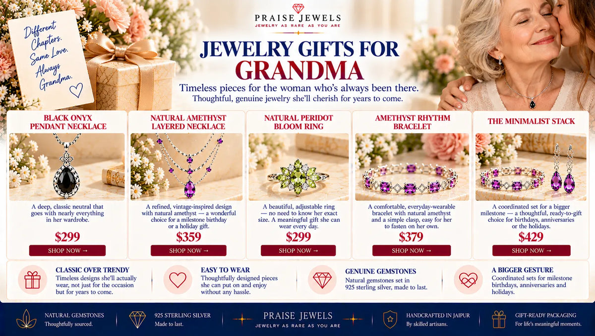 Editorial cover graphic for a guide to choosing jewelry gifts for your grandma