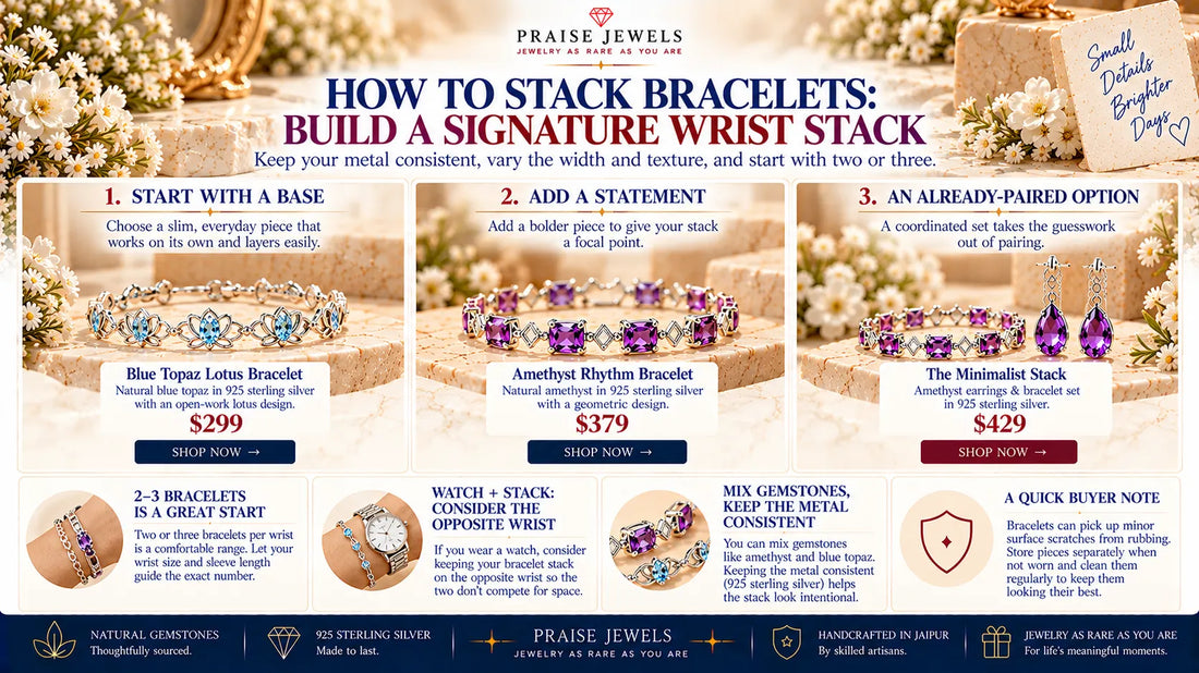 Editorial cover graphic for a guide on stacking bracelets with mixed metals, stones, and textures