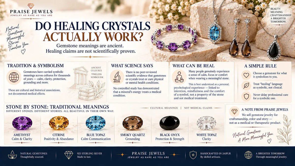 Editorial cover graphic for an honest guide to healing crystal meanings