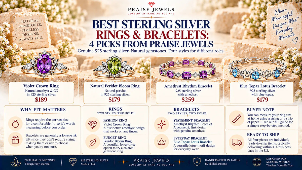 Editorial cover graphic for a 2026 guide to the best sterling silver rings and bracelets