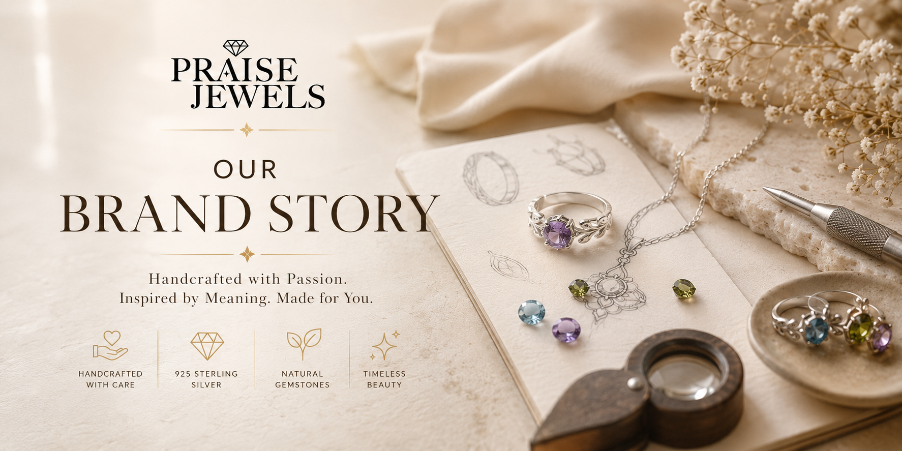 "Praise Jewels handcrafted sterling silver gemstone jewelry brand story hero banner featuring 925 sterling silver rings, necklaces, natural gemstones, jewelry design sketches, artisan craftsmanship, personalized fine jewelry, and timeless luxury."
