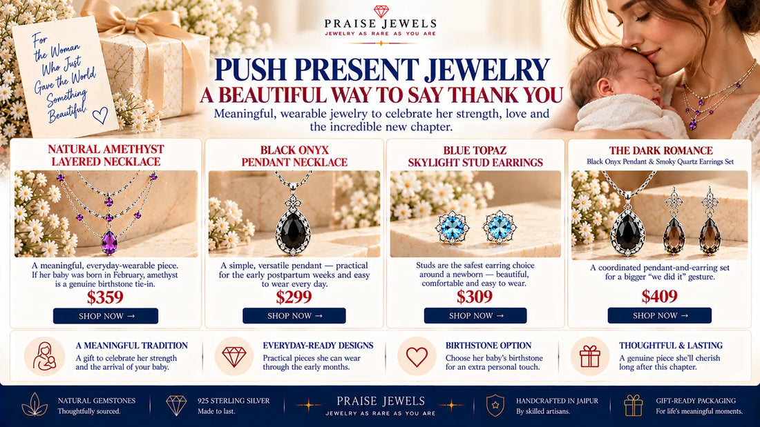 Editorial cover graphic for a guide to push present and new mom jewelry gifts