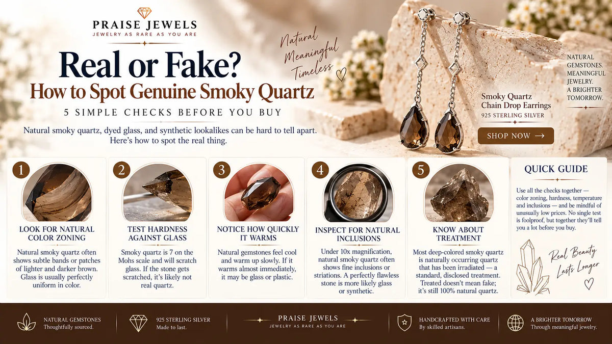 Editorial cover graphic for a guide with simple tests to tell if smoky quartz is real