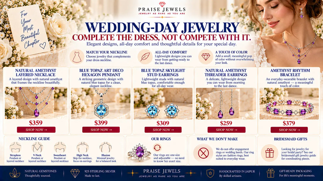 Editorial cover graphic for a guide to bridal jewelry for the wedding day