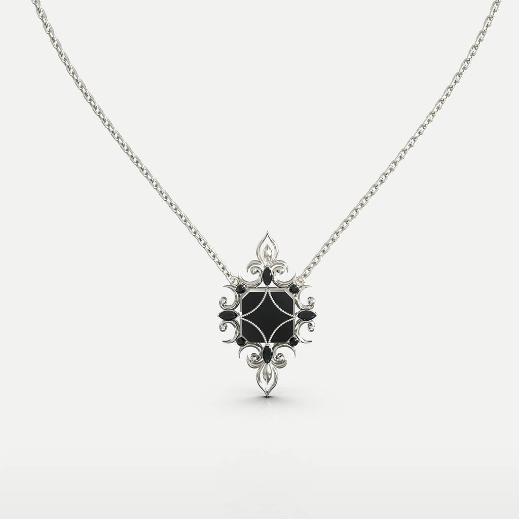 Black Onyx Pendant Necklace in 925 sterling silver, front view of the black onyx center within an ornate floral silver setting on a chain