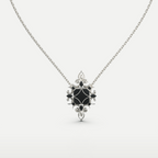 Black Onyx Pendant Necklace in 925 sterling silver, front view of the black onyx center within an ornate floral silver setting on a chain