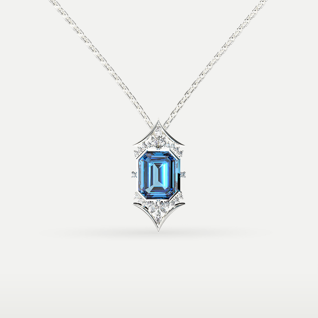 Blue Topaz Art Deco Hexagon Pendant in 925 sterling silver, front view of the emerald-cut blue topaz with diamond-style accents on a chain