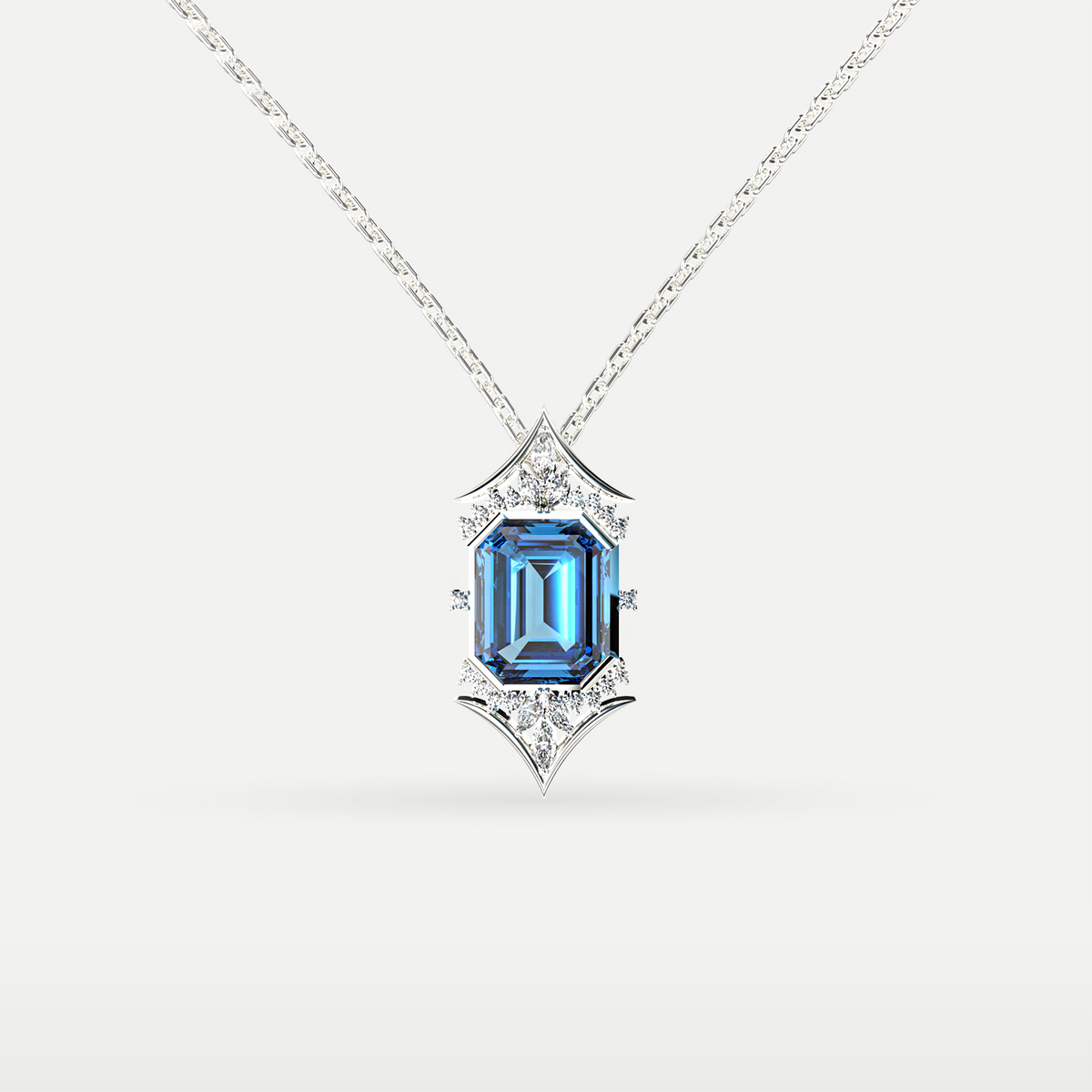 Blue Topaz Art Deco Hexagon Pendant in 925 sterling silver, front view of the emerald-cut blue topaz with diamond-style accents on a chain