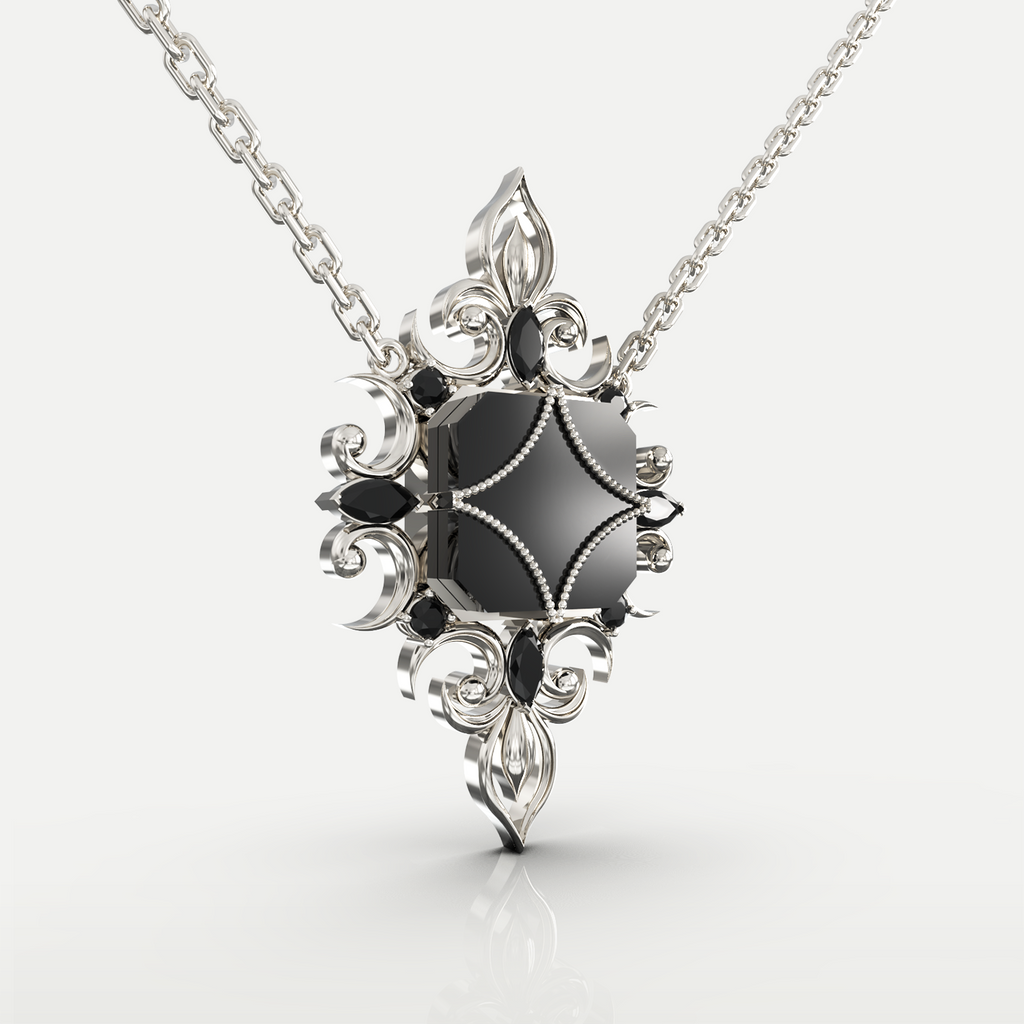 Black Onyx Pendant Necklace in 925 sterling silver, angled view of the polished black onyx and gothic floral silver detail