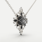 Black Onyx Pendant Necklace in 925 sterling silver, angled view of the polished black onyx and gothic floral silver detail