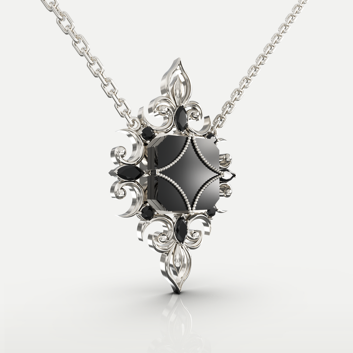 Black Onyx Pendant Necklace in 925 sterling silver, angled view of the polished black onyx and gothic floral silver detail
