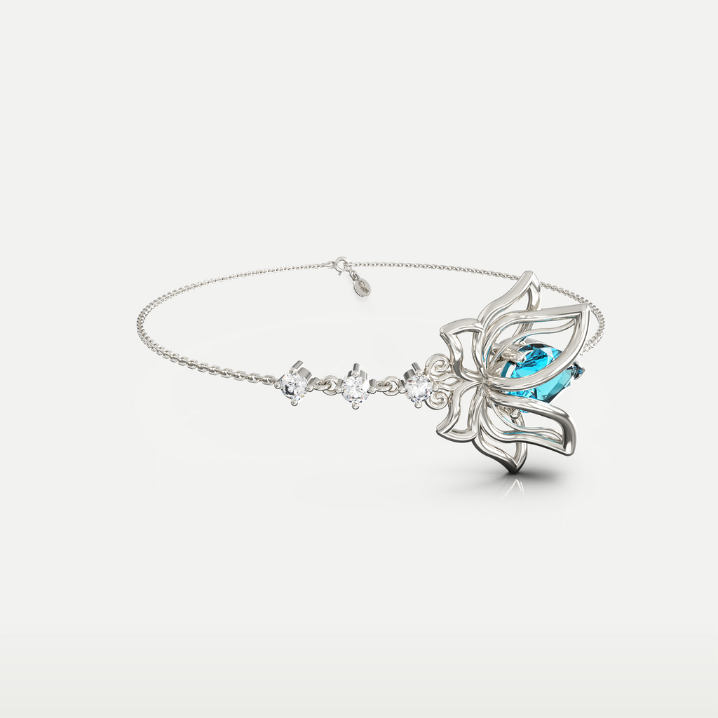 Blue Topaz Lotus Bracelet in 925 sterling silver, angled view of the lotus motif and slim bangle-style band