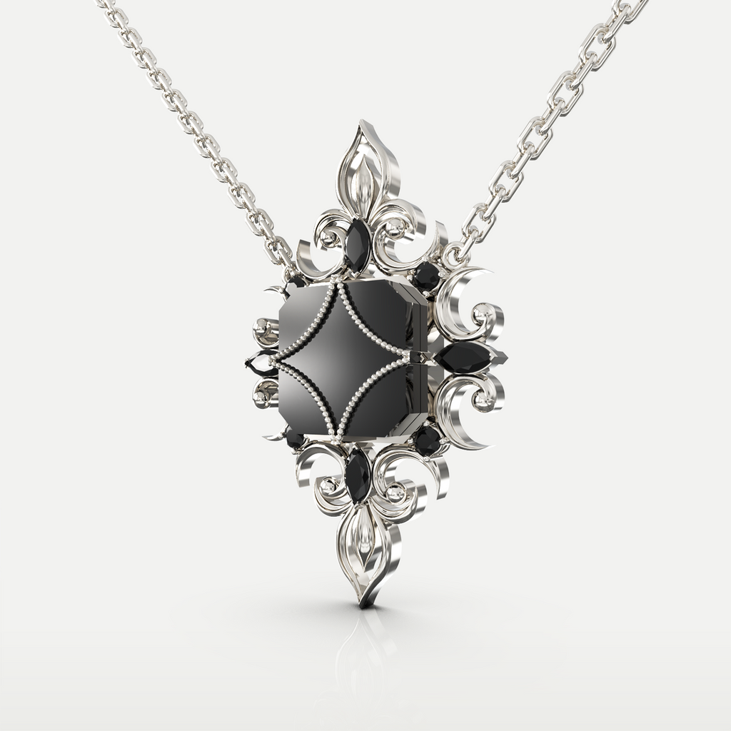 Black Onyx Pendant Necklace in 925 sterling silver, three-quarter view of the black onyx pendant with accent stones