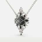 Black Onyx Pendant Necklace in 925 sterling silver, three-quarter view of the black onyx pendant with accent stones