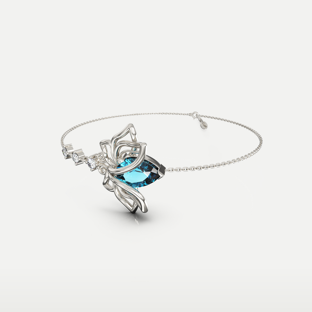 Blue Topaz Lotus Bracelet in 925 sterling silver, side view of the lotus petals set with blue topaz