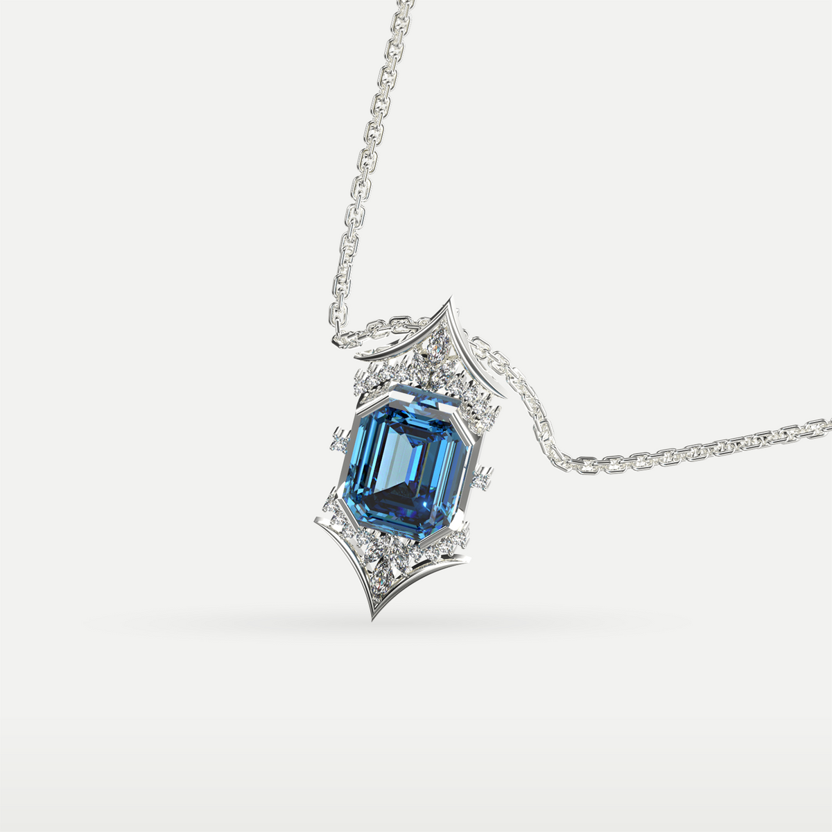 Blue Topaz Art Deco Hexagon Pendant in 925 sterling silver, three-quarter view showing the setting and chain