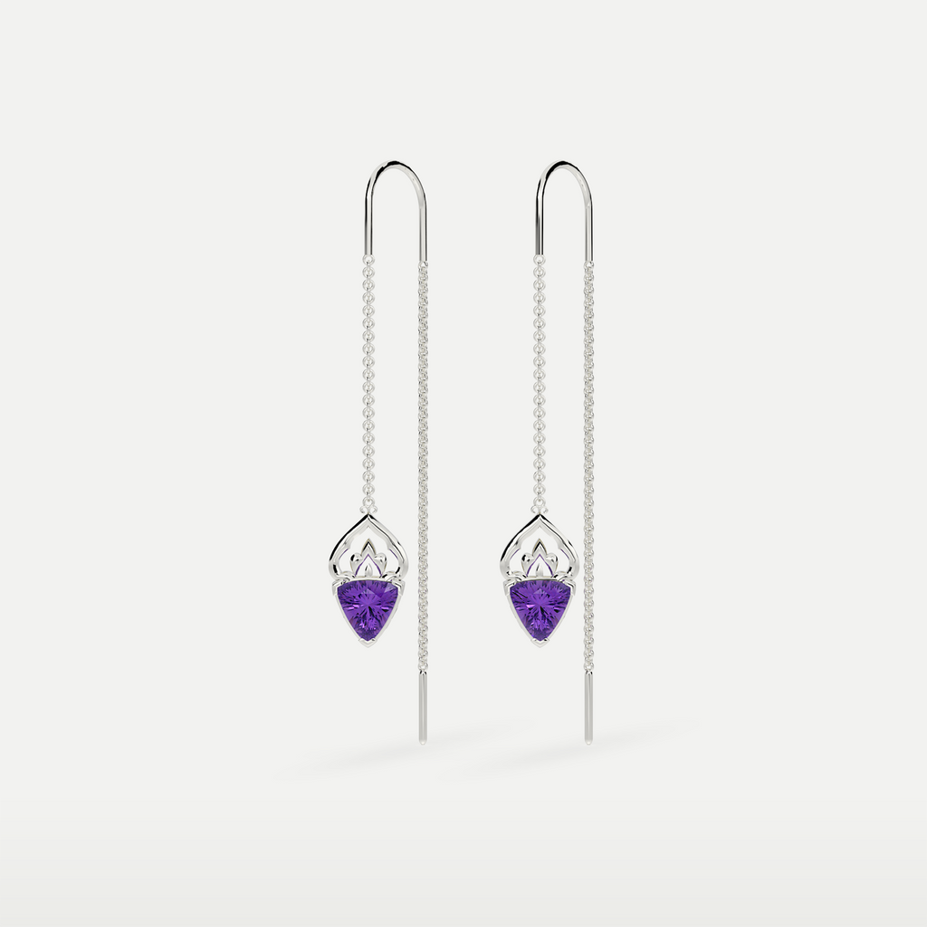 Natural Amethyst Threader Earrings in 925 sterling silver, front view of the pair with trillion-cut amethyst and long threader chains