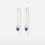 Natural Amethyst Threader Earrings in 925 sterling silver, front view of the pair with trillion-cut amethyst and long threader chains