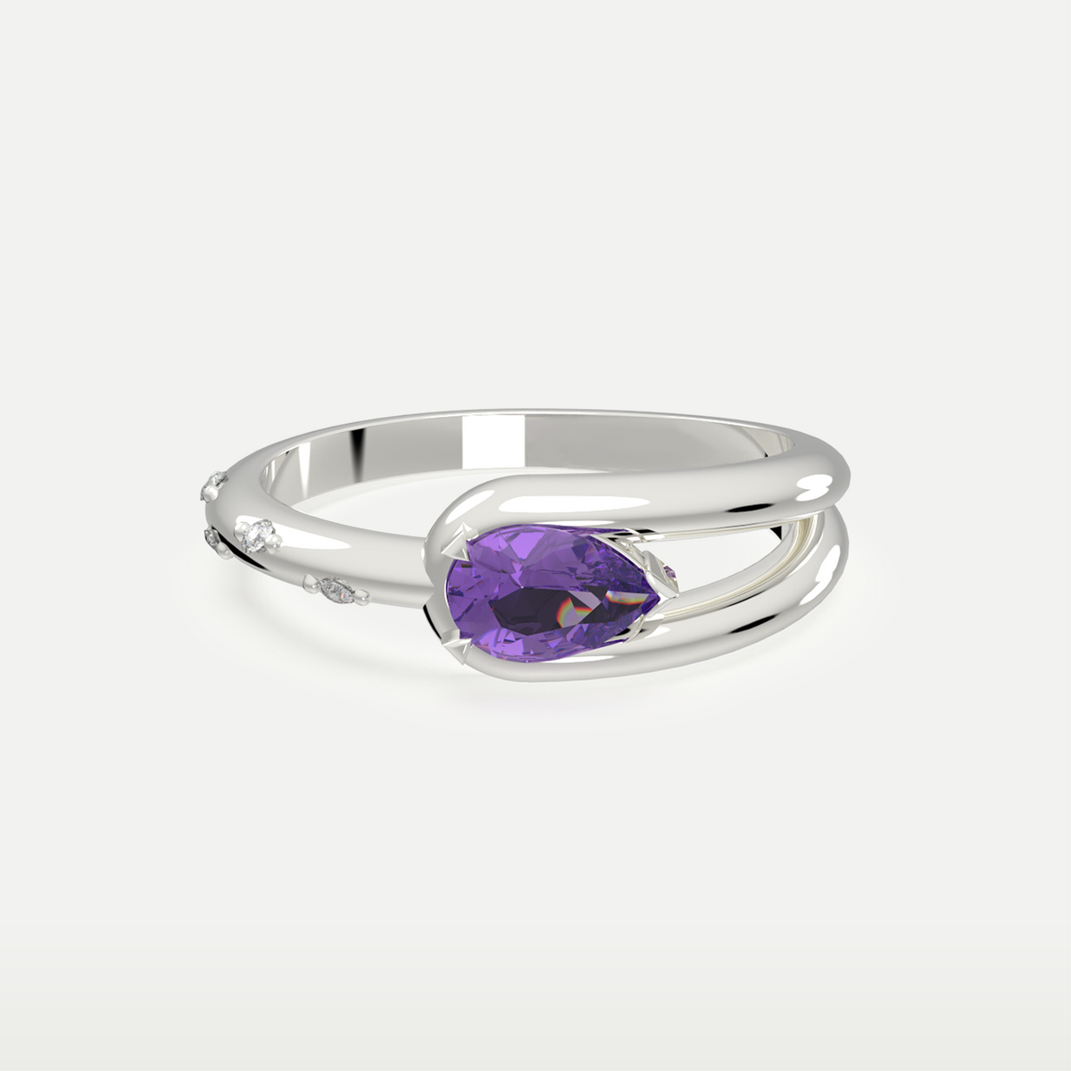 Violet Dew Ring, pear-cut amethyst in a split-shank sterling silver band, three-quarter front view