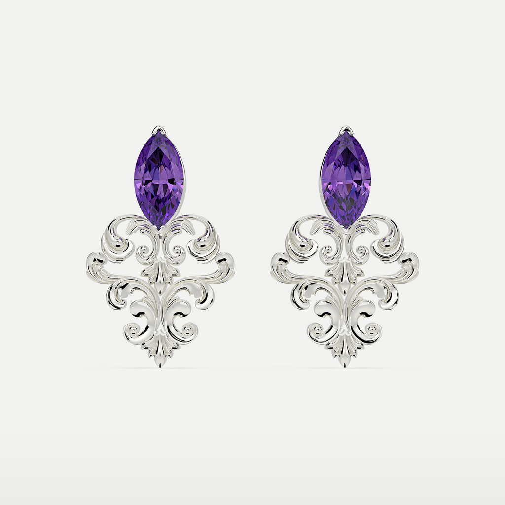 Natural Amethyst Filigree Earrings in 925 sterling silver, front view of marquise-cut amethysts above ornate silver filigree
