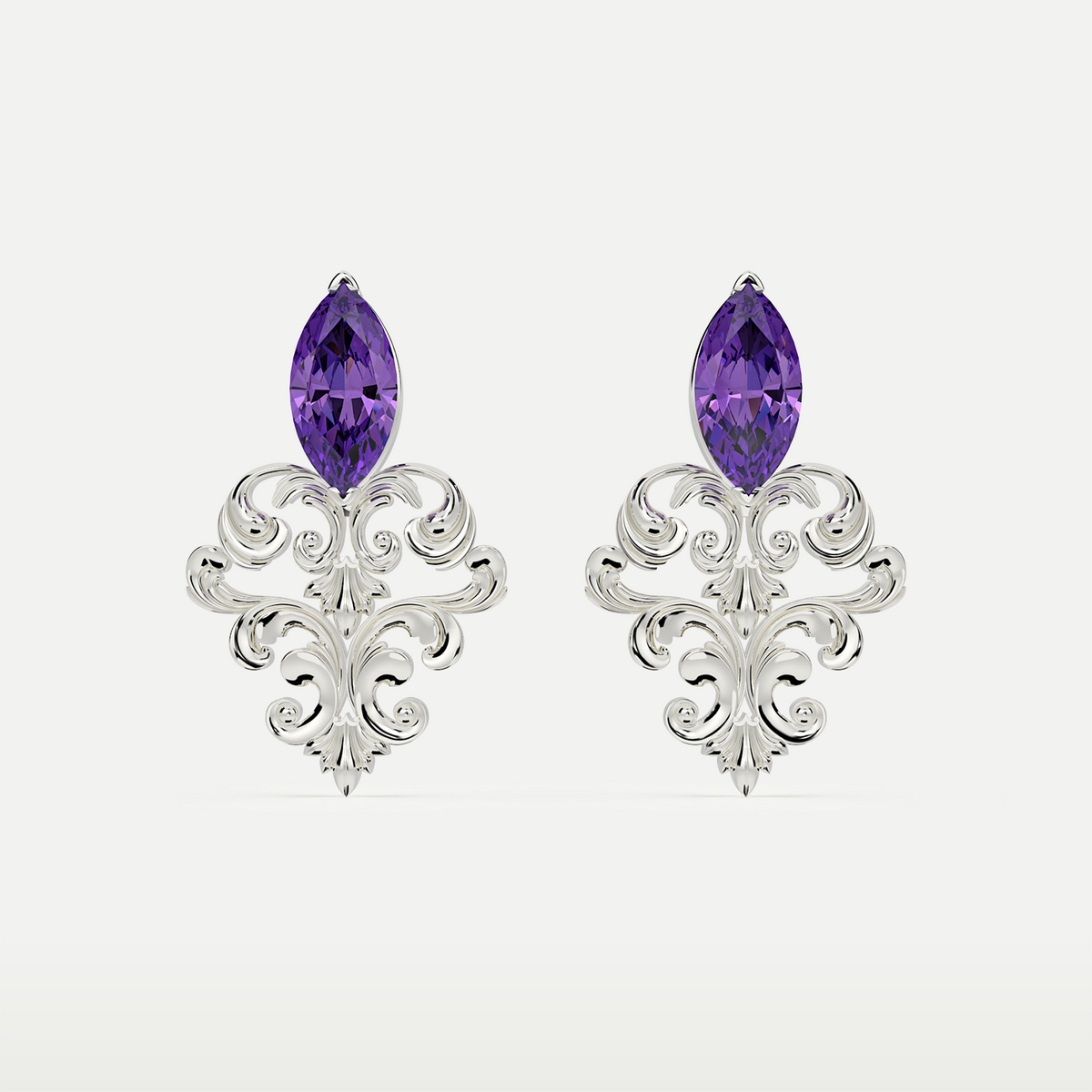Natural Amethyst Filigree Earrings in 925 sterling silver, front view of marquise-cut amethysts above ornate silver filigree