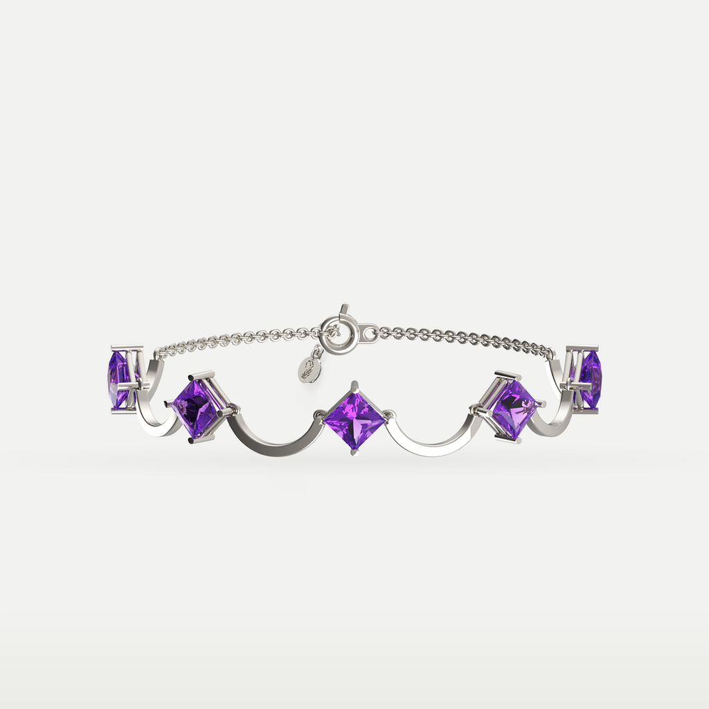 Amethyst Rhythm Bracelet in 925 sterling silver, front view of square-cut amethysts alternating with crescent links and a chain clasp