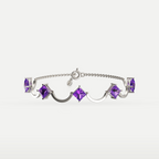 Amethyst Rhythm Bracelet in 925 sterling silver, front view of square-cut amethysts alternating with crescent links and a chain clasp