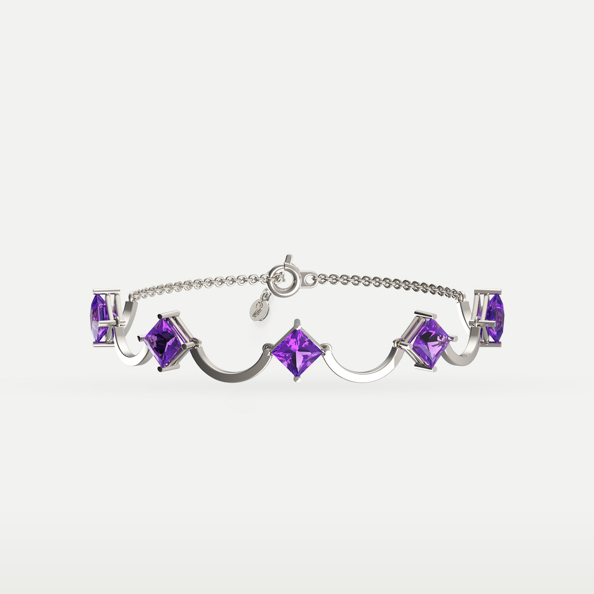Amethyst Rhythm Bracelet in 925 sterling silver, front view of square-cut amethysts alternating with crescent links and a chain clasp