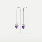 Natural Amethyst Threader Earrings in 925 sterling silver, angled view of the amethyst drops and threader chains