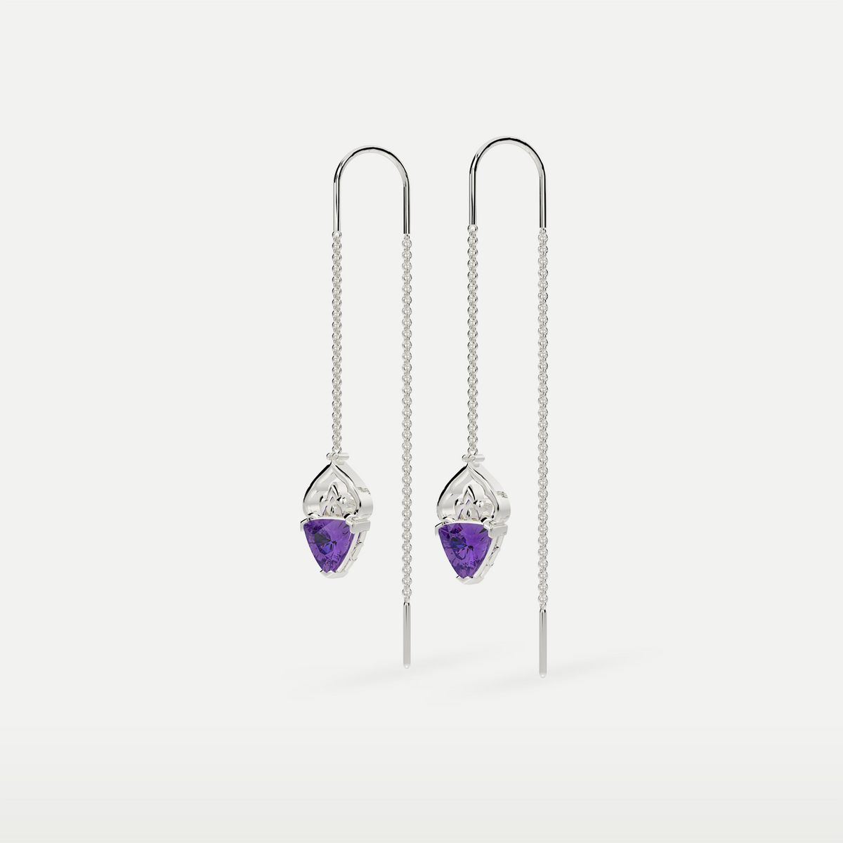 Natural Amethyst Threader Earrings in 925 sterling silver, angled view of the amethyst drops and threader chains
