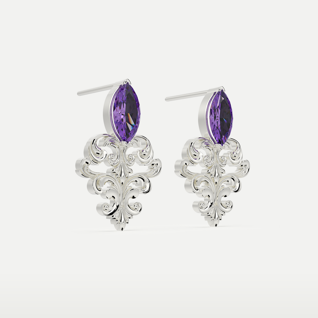 Natural Amethyst Filigree Earrings in 925 sterling silver, angled view showing the posts and filigree motif
