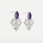 Natural Amethyst Filigree Earrings in 925 sterling silver, angled view showing the posts and filigree motif