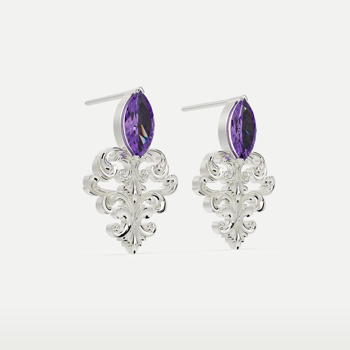 Natural Amethyst Filigree Earrings in 925 sterling silver, angled view showing the posts and filigree motif