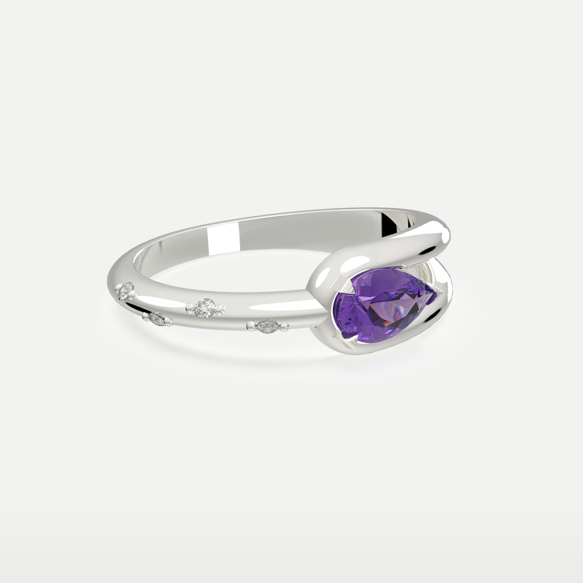 Violet Dew Ring side view showing the sterling silver band and small CZ accents