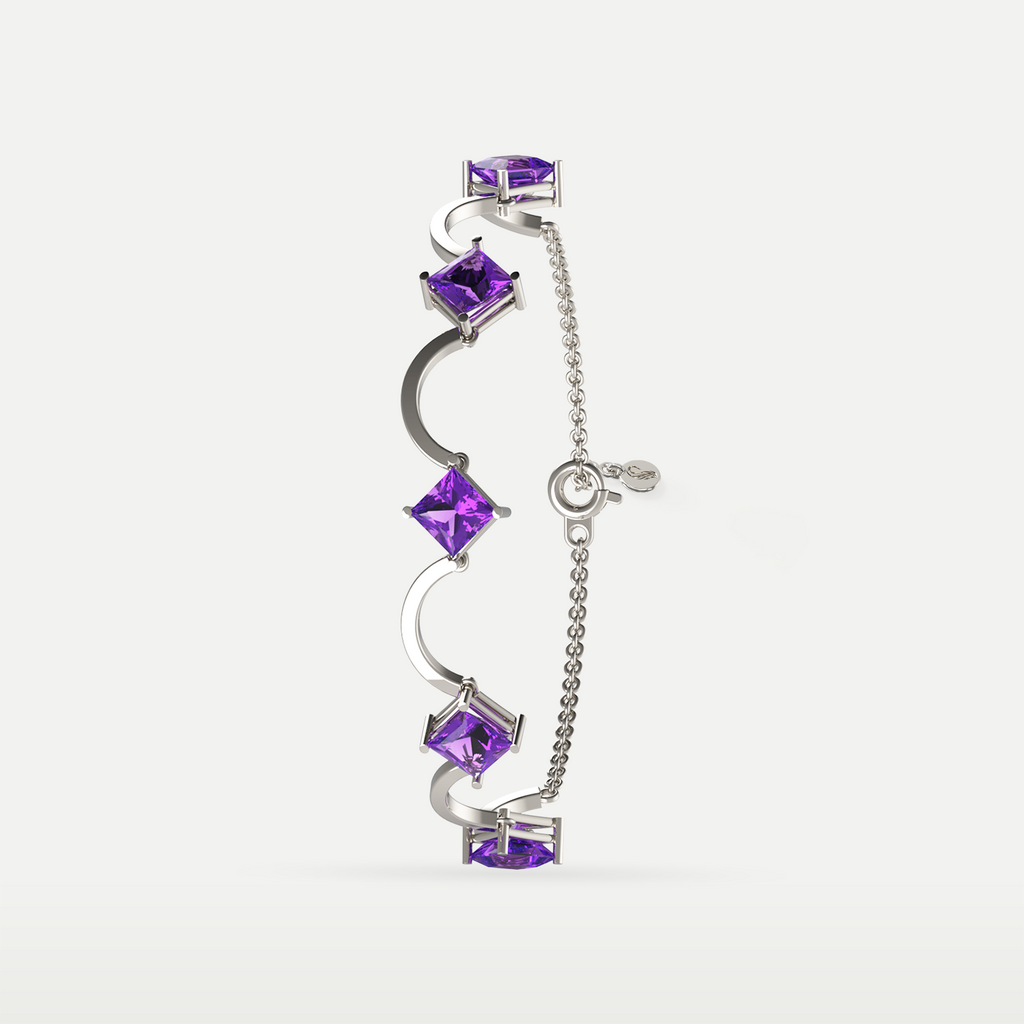 Amethyst Rhythm Bracelet in 925 sterling silver, vertical view showing the amethyst stones, crescent links and clasp