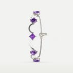 Amethyst Rhythm Bracelet in 925 sterling silver, vertical view showing the amethyst stones, crescent links and clasp