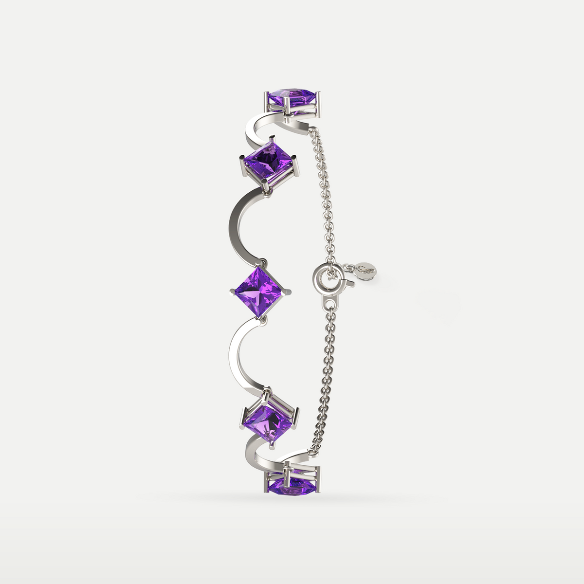 Amethyst Rhythm Bracelet in 925 sterling silver, vertical view showing the amethyst stones, crescent links and clasp