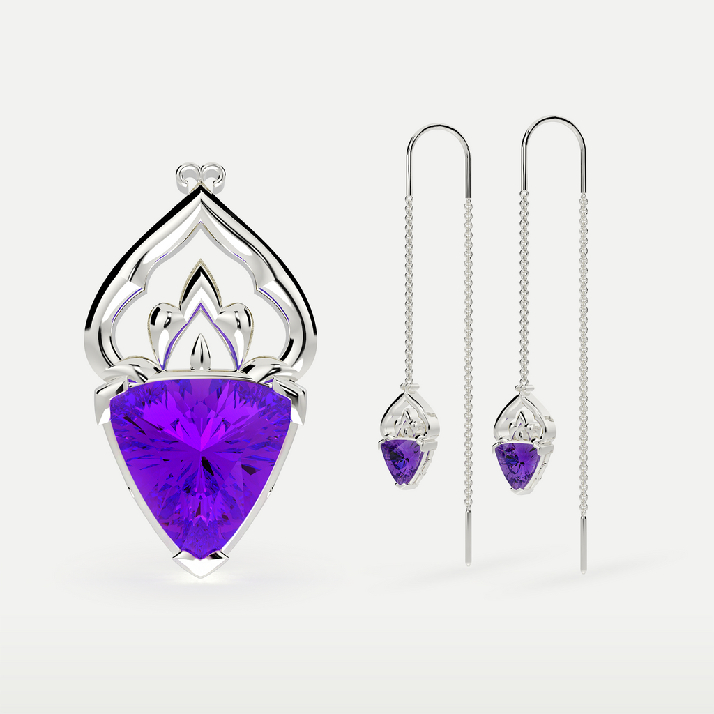 Natural Amethyst Threader Earrings in 925 sterling silver, side view of the amethyst drops and fine threader chains
