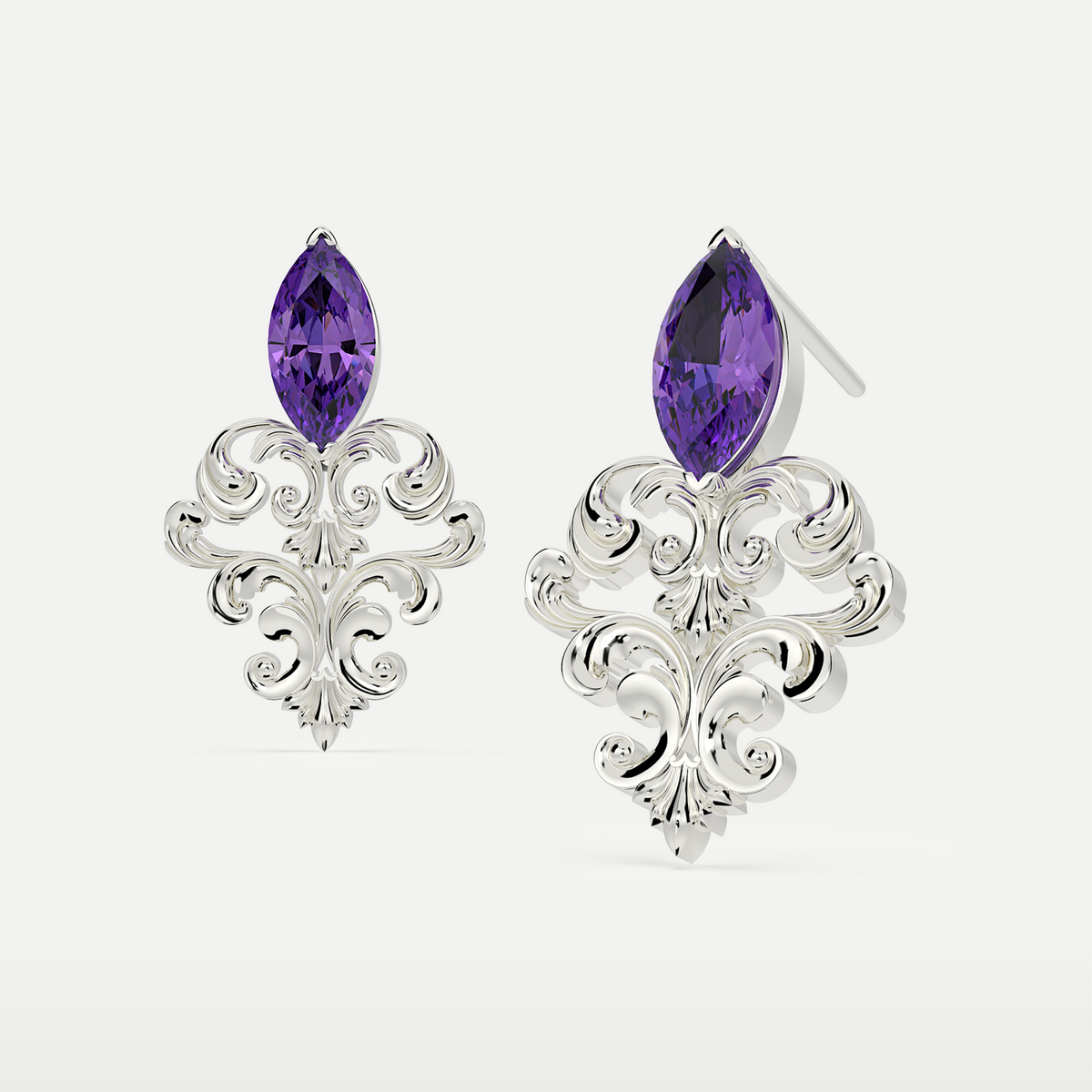 Natural Amethyst Filigree Earrings in 925 sterling silver, three-quarter view of the marquise amethyst and filigree detail