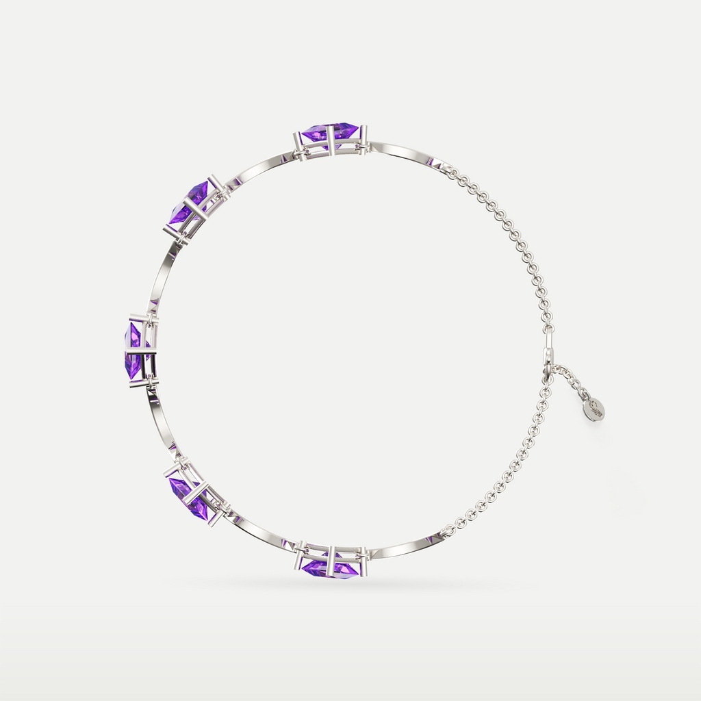 Amethyst Rhythm Bracelet in 925 sterling silver, curved overhead view of the amethyst stones around the bracelet