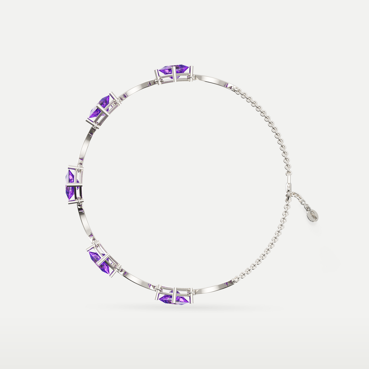 Amethyst Rhythm Bracelet in 925 sterling silver, curved overhead view of the amethyst stones around the bracelet