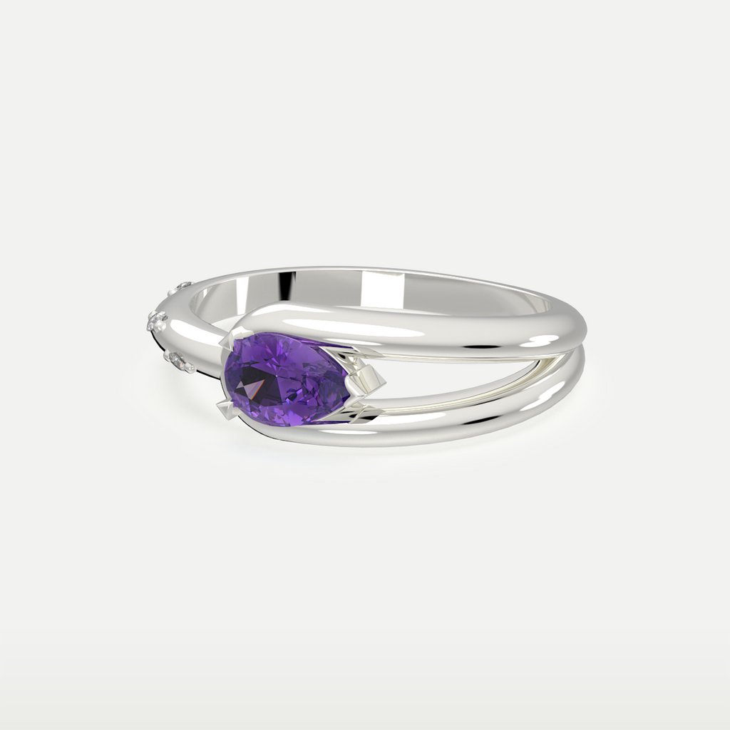 Close view of the Violet Dew Ring's pear-cut amethyst in its claw setting