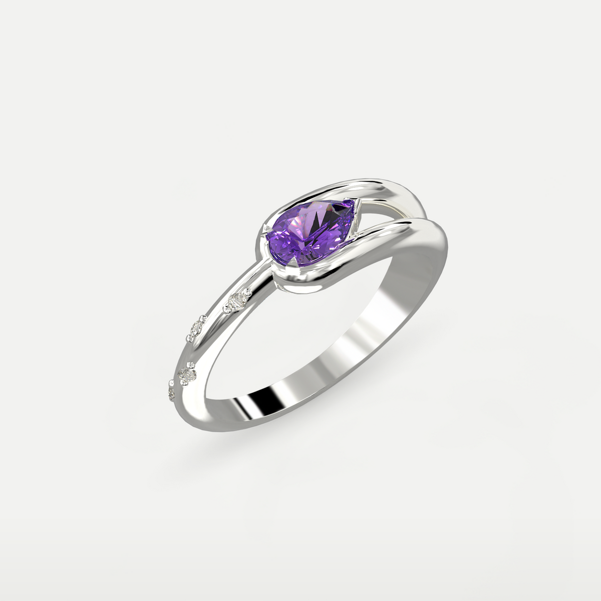 Violet Dew Ring with a pear-cut natural amethyst in 925 sterling silver, angled top view