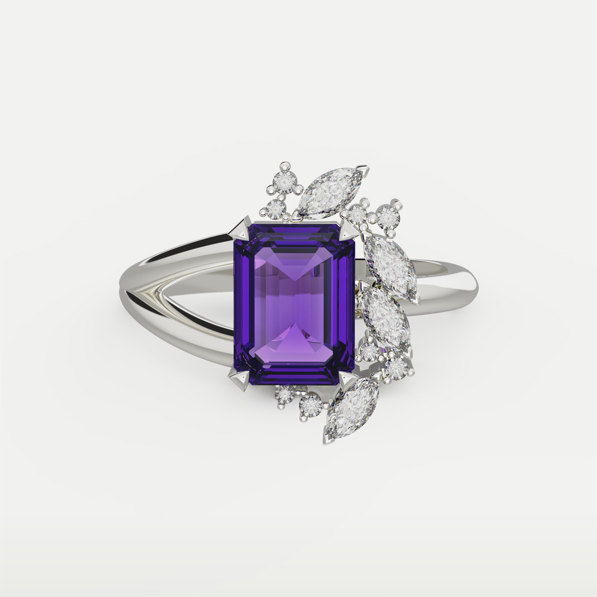 Violet Crown Ring in 925 sterling silver, front view of the emerald-cut amethyst with marquise CZ accents and split band